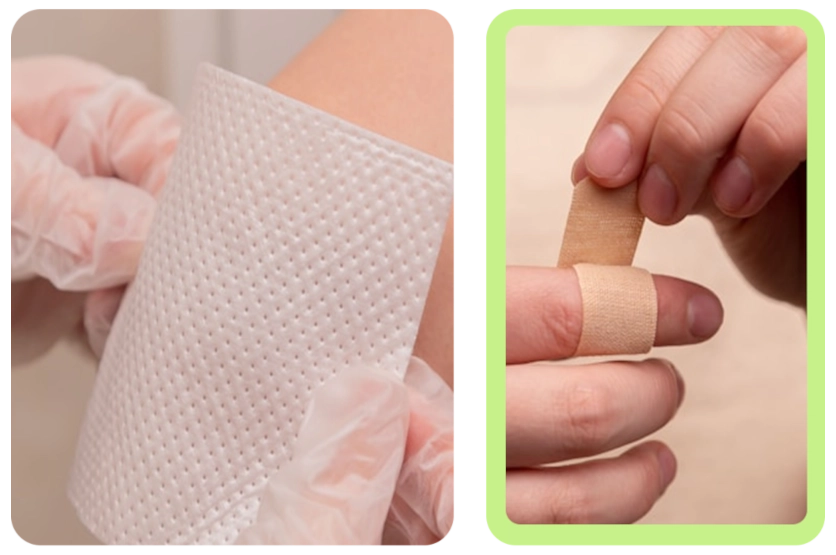 A side-by-side comparison showing gloved hands applying a large textured white fabric patch on skin next to a person wrapping a standard adhesive bandage around a finger.